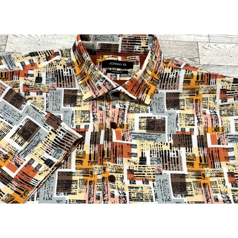 Johnny Q Geometric Abstract Block Print Button Up ShortSleeve Polo Modern Fit LG